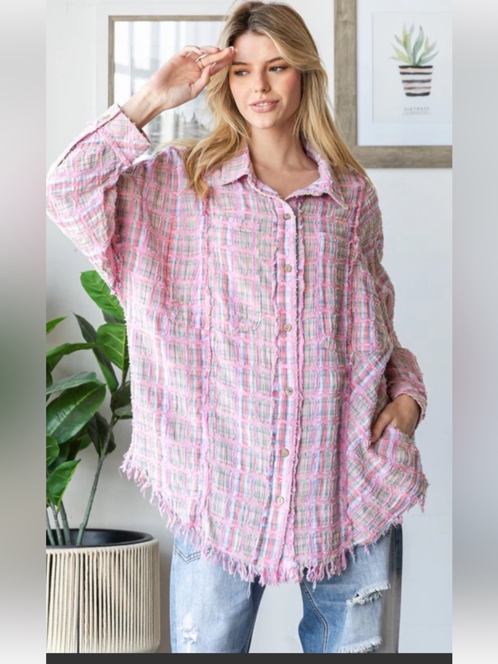Oli & Hali Pink Plaid Button-Up Frayed Hem Oversized Shirt